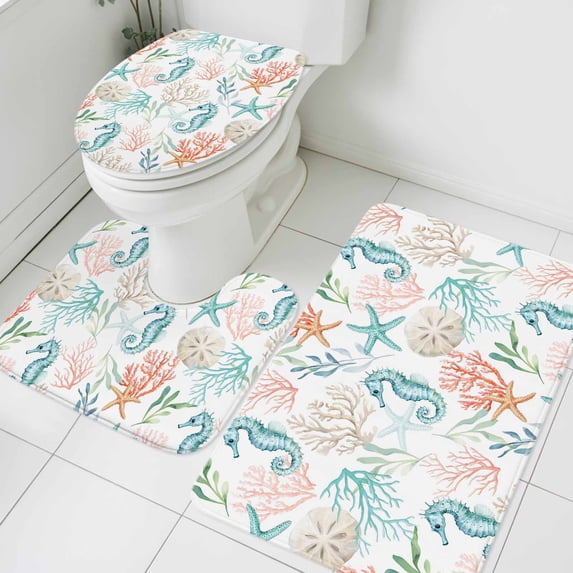 Teal Seahorse Starfish Bathroom Rugs Set Summer Beach Coral Shell Watercolor Non Slip Absorbent Soft Bath Mats 3 Piece Set with Bathroom Rug, U-Shaped Floor Mat, Toilet Seat Cover Small Size