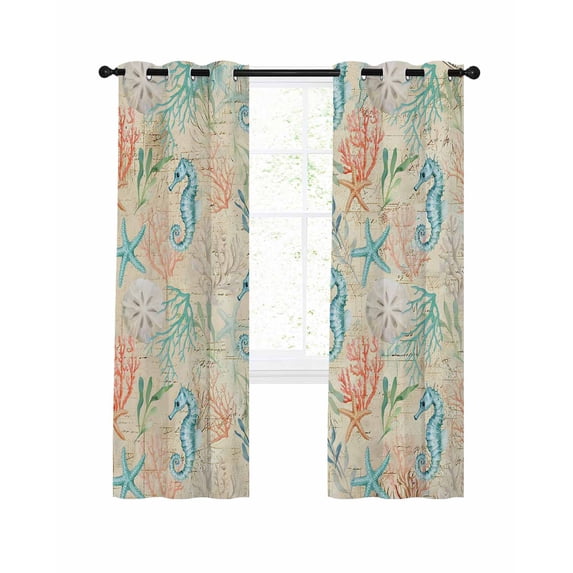 Teal Seahorse Starfish Blackout Curtains for Bedroom Living Room, Summer Beach Coral Shell Vintage 54 In Long Thermal Insulated Room Darkening Drapes Grommet Window Treatments, 42 x 54 In