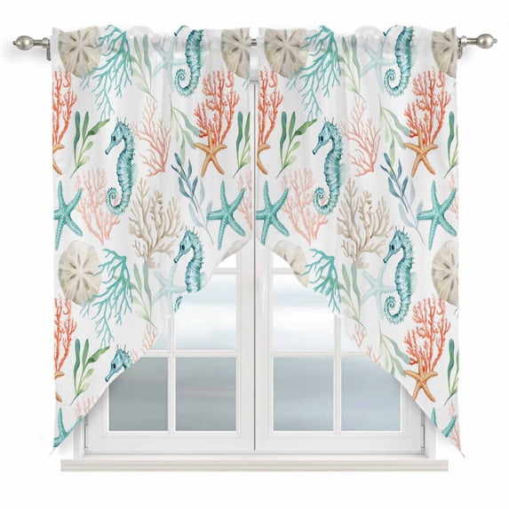Teal Seahorse Starfish Swag Valances for Windows 2 Pack Summer Beach Coral Shell Watercolor Swag Kitchen Curtains 36 Inches Long Rod Pocket Short Window Treatment for Kitchen Bathroom 36"x36"