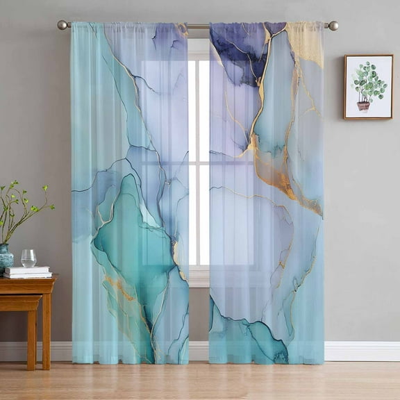 Teal Sheer Curtains 84 Inches Long 2 Panels Set, Window Sheer Curtains for Living Room/Bedroom, Abstract Modern Marble Ink Painting Art Light Filtering Rod Pocket Curtain 52'' x 84'' x 2