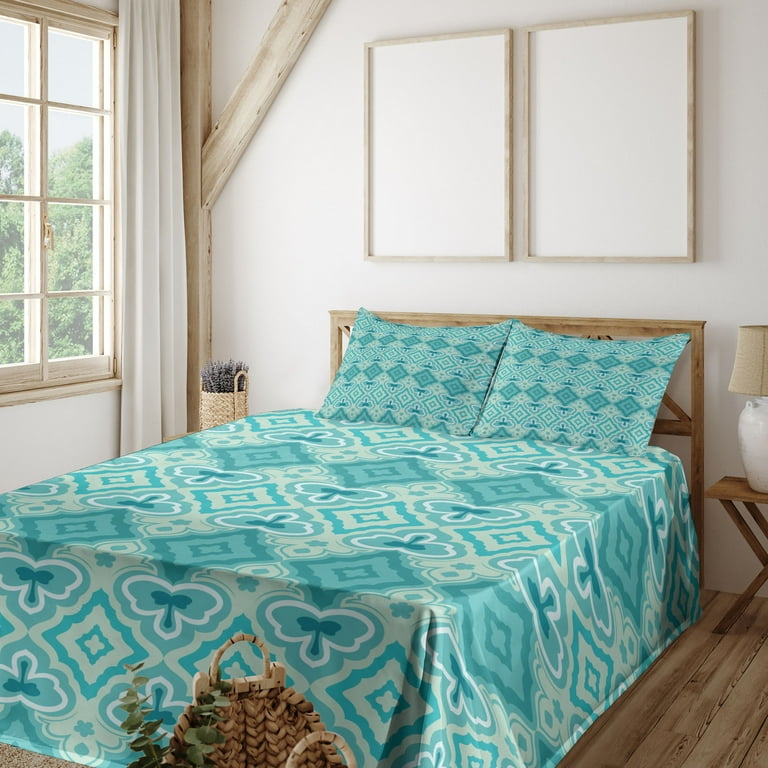 Teal Sheet Set Abstract Geometric Pattern in Vintage Floral Design Historic Architectural Ornament Fitted and Flat Sheet Pillowcases Bedding Accent 4 Piece Set Calking Teal Beige by Ambesonne Walmart....