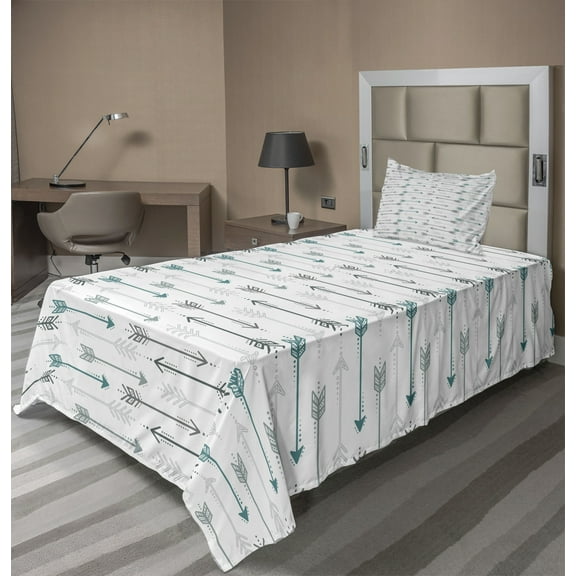 Ambesonne Retro Fitted & Top Sheet Set with Sham, Arrow Pattern Horizontal, Grey Teal White