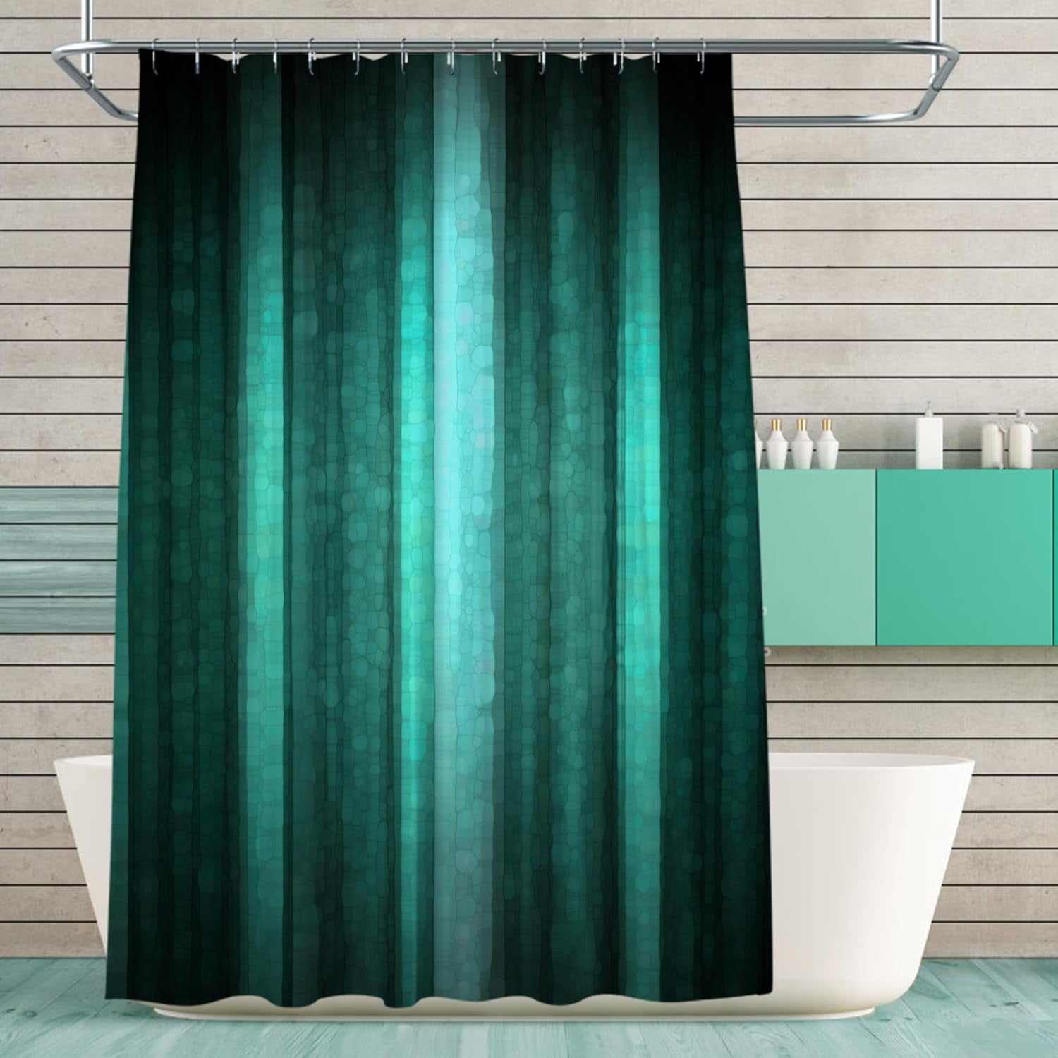Teal Shower Curtain, Cool Glass Texture Ombre Turquoise Shower Curtain, Abstract Modern Waterproof Fabric Bathroom Shower Curtain Set with Hooks, 72 x 72