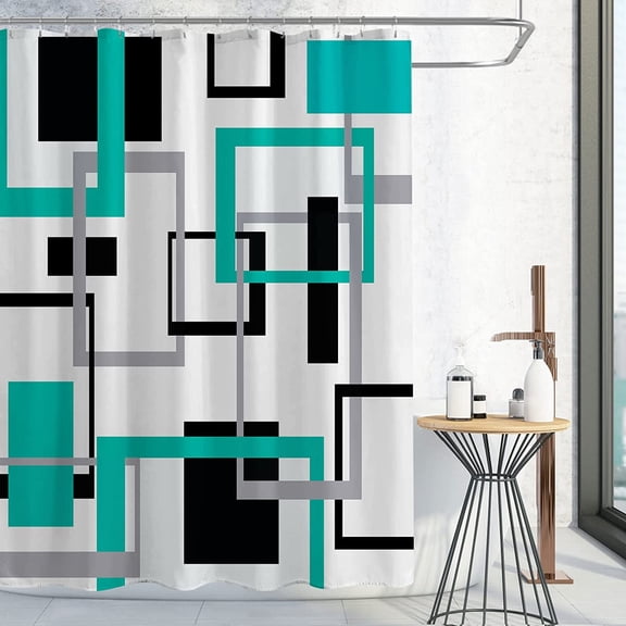 Teal Shower Curtain, Mid Century Modern Turquoise Shower Curtain for Bathroom Decor, Abstract Aqua Black Grey Geometric White Backdrop Waterproof Fabric Shower Curtain Set with Hooks, 72 x 72