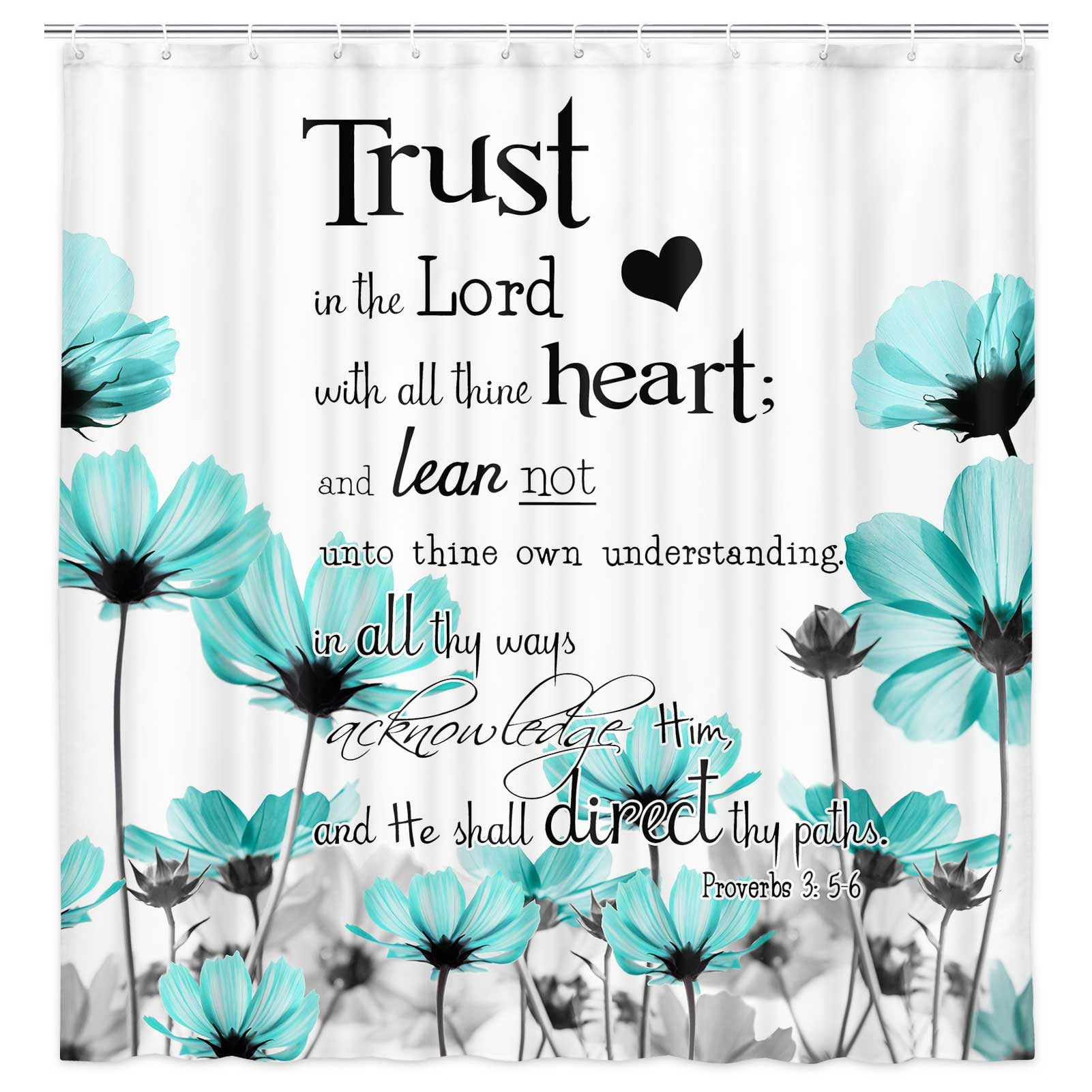 Teal Shower Curtain, Rustic Elegant Floral Turquoise Gray Daisy Flower Bath Curtain, Bible Verse Inspirational Farmhouse Plant Bathroom Accessories for Bathroom Curtain Liner Set with Hooks, 72x72IN