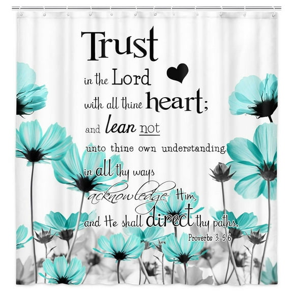 Teal Shower Curtain, Rustic Elegant Floral Turquoise Gray Daisy Flower Bath Curtain, Bible Verse Inspirational Farmhouse Plant Bathroom Accessories for Bathroom Curtain Liner Set with Hooks, 72x72IN