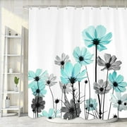 Teal Shower Curtain, Rustic Elegant Floral Turquoise and Gray Daisy Flower Bathroom Curtains, Cute Wildflower Design Farmhouse Plant Turquoise Blue and Grey Shower Curtain Liner with Hooks,72x72Inch