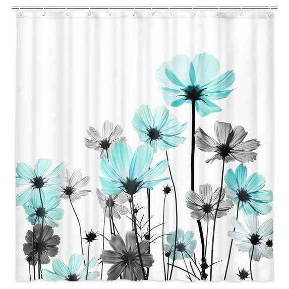 Teal Shower Curtain, Rustic Elegant Floral Turquoise and Gray Daisy Flower Bathroom Curtains, Cute Wildflower Design Farmhouse Plant Turquoise Blue and Grey Shower Curtain Liner with Hooks,48X70Inch