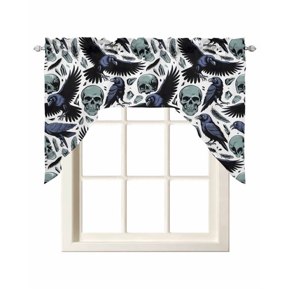 Teal Skull Halloween Swag Valances for Windows, Small Curtains Drapes, Navy Blue Birds Vintage Skeleton Kitchen Window Curtains Over Sink Window Treatment Valance for Bedroom/Bathroom 56"x36"