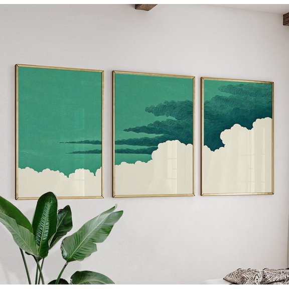 Teal Sky Cloud Minimalist Triptych Art, Stretched Canvas