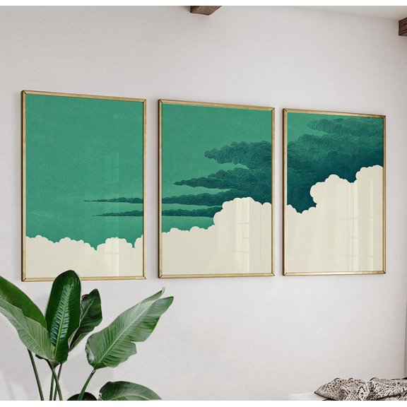 Teal Sky Cloud Minimalist Triptych Wall Art, Modern Living Room And Office Decor
