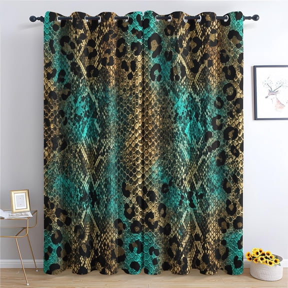 Teal Snake Skin Leopard Print Blackout Curtains 63 Inch Length 2 Panels Set, Python Cheetah Patterned Curtains for Bedroom, Living Room Decor, Room Darkening Thermal Insulated Grommet Drapes