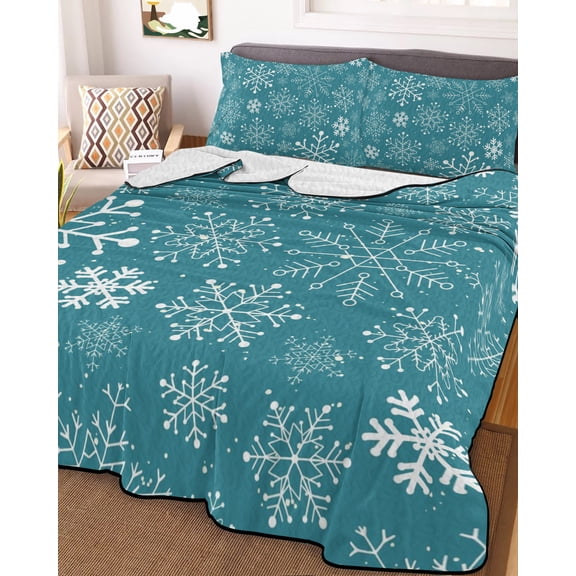 Teal Snowflake Christmas King Size Down Alternative Comforter, Lightweight Comforter Quilt Bedding Set with Pillow Shams Xmas Snowflake All Seasons Bed Comforter Duvet Insert 96"x106"