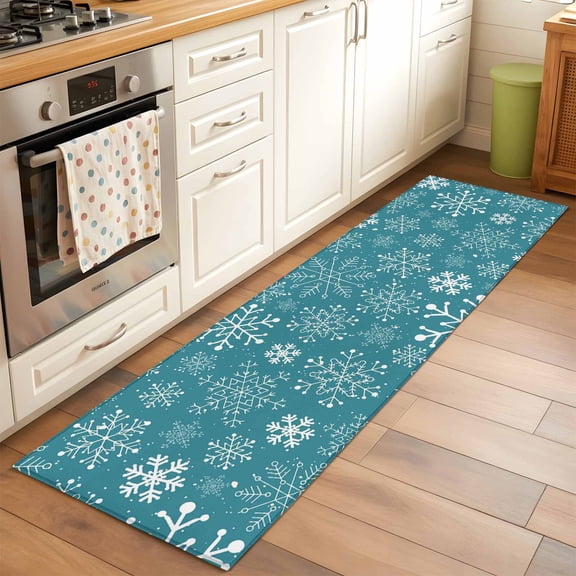 Teal Snowflake Christmas Runner Rug 2x6 FT, Non Slip Hallway Carpet, Xmas Snowflake Washable Floor Carpet Throw Runner Carpet Long Rug for Entryway Kitchen Bedside Sliding Door