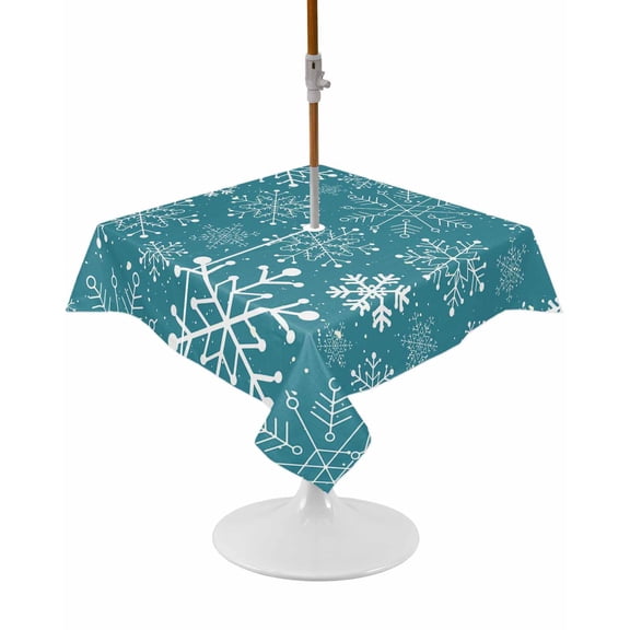 Teal Snowflake Christmas Square Outdoor Tablecloth, Waterproof Table Cloth Cover with Umbrella Hole and Zipper, Xmas Snowflake Table Protector for Patio Party Picnic 54"x54"