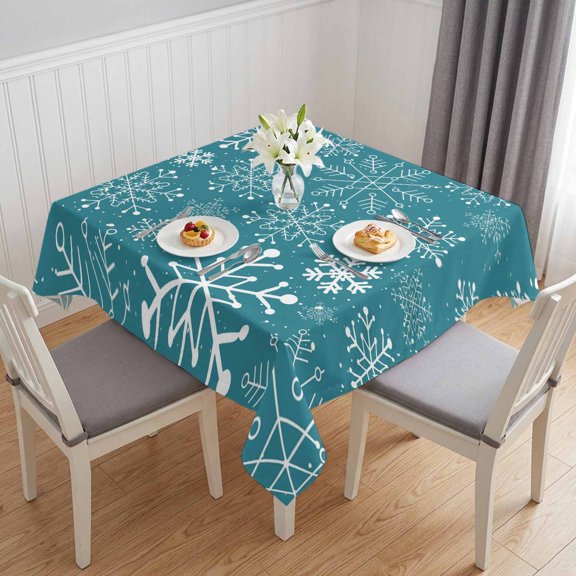 Teal Snowflake Christmas Table Cloth Waterproof Tablecloths, Xmas Snowflake Tablecloth Dining Table Cover for Kitchen Party Tabletop Outdoor, Square Tablecloth 54x54 Inch