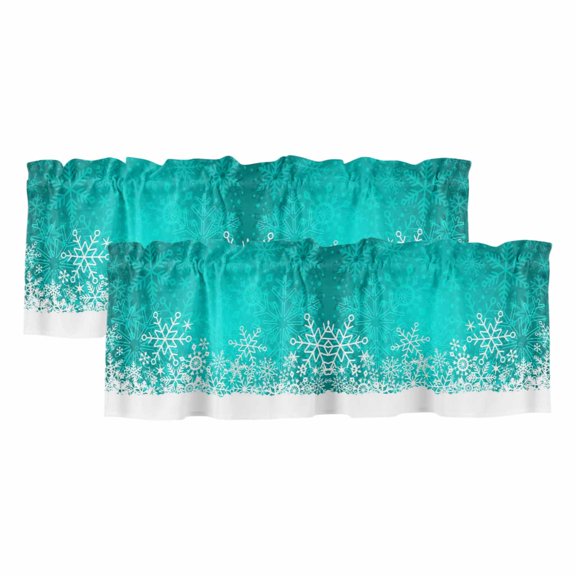 Teal Snowflakes 2 Panels Kitchen Valance, Winter Xmas Teal White Nature Snow Scene Curtains Valances for Small Windows Rod Pocket Window Treatments for Living Room Bedroom 54" W x 18" L