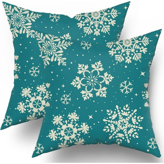 Teal Snowflakes Christmas Pillow Covers 16x16 Set of 2 Xmas Snow Holiday Decoration Print Decorative Outdoor Pillowcases Seasonal Winter Gift Farmhouse Throw Cushion Case Decor for Couch Sofa Bed