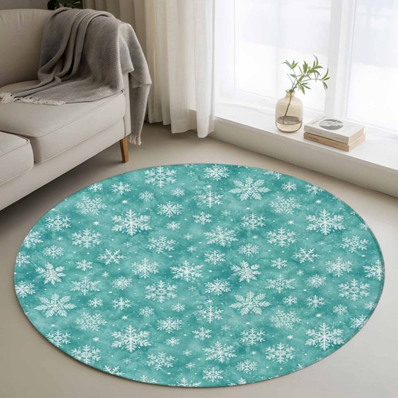 Teal Snowflakes Round Area Rug 4ft, Christmas Winter Xmas Modern Snow Textured Washable Non-Slip Circle Rugs for Bedroom Living Room Kitchen, Soft Non Shedding Circle Carpet for Dining Room Dorm