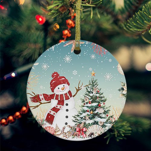 Teal Snowman Christmas Ceramic Ornaments, Xmas Tree Coastal Snowflake Starfish Round Porcelain Hanging Ornaments with Gold String, Xmas Decorations Keepsake Gifts for Holiday Home Party 3''