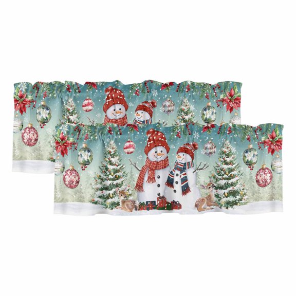 Teal Snowman Christmas Curtain Valances for Windows, Kitchen Valance Window Treatments Panel 2 Pack, Balls Xmas Botanical Tree Rod Pocket Short Curtains for Bathroom Bedroom 42 x 12 Inch