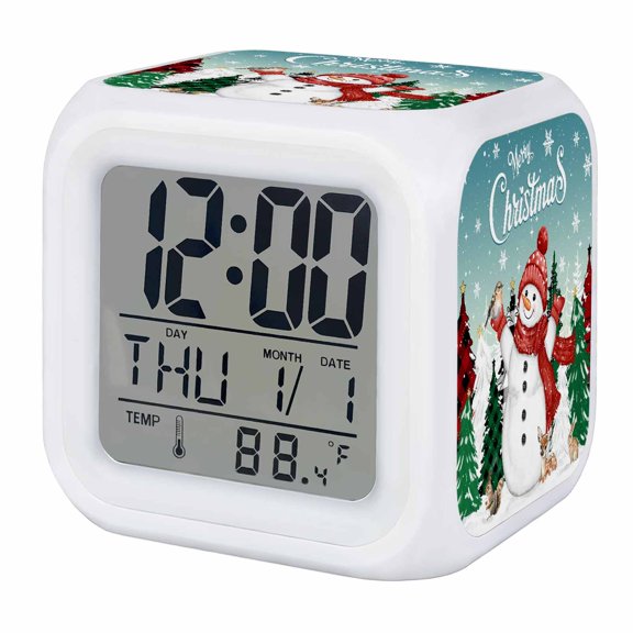 Teal Snowman Christmas Digital Alarm Clock for Bedrooms, Smart LED Alarm Clock with 7 Color Changing Night Light, Xmas Tree Snowflake Elk Winter Silent Wake Up Clocks for Sleep Study Cooking