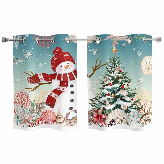 Teal Snowman Christmas Kitchen Curtains Window Panels, Xmas Tree Coastal Snowflake Starfish Insulated Window Treatment Curtain, Grommet Curtains for Bedroom/Living Room/Bathroom, 2 Piece 27.5"Wx39"L