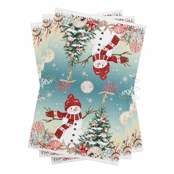 Teal Snowman Christmas Kitchen Towels Set of 3, Water Absorbent Dish Towel, Xmas Tree Coastal Snowflake Starfish Decorative Hand Towels - Quick Drying Cloth for Cooking Baking, 18x28 Inch