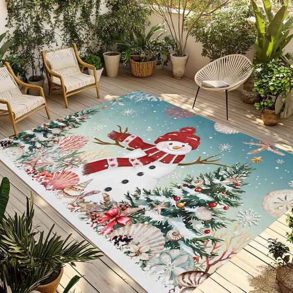 Teal Snowman Christmas Outdoor Rug for Patio/Deck/Porch, Non-Slip Large Area Rug 5 x 7 Ft, Xmas Tree Coastal Snowflake Starfish Indoor Outdoor Rugs Washable Area Rugs, Camping Rug Carpet Runner