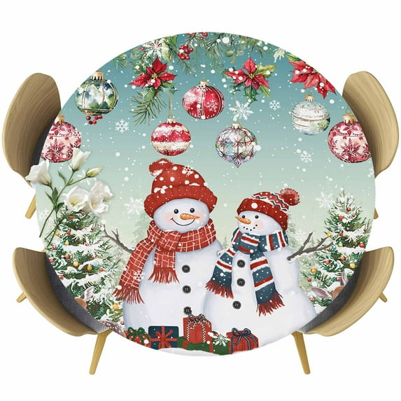 Teal Snowman Christmas Round Tablecloth 55-60 Inch Round Fitted Table Cloth with Elastic Edge, Balls Xmas Botanical Tree Waterproof Table Cover Protector for Outdoor Picnic Party Dining