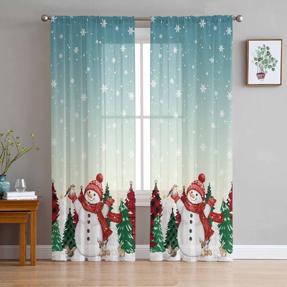 Teal Snowman Christmas Sheer Curtains 108 Inches Long, Xmas Snowflake Tree Light Filtering Window Curtains for Living Room/Bedroom, Rod Pocket Voile Sheer Curtain Drapes, 52"W x 108"L, 2 Panels