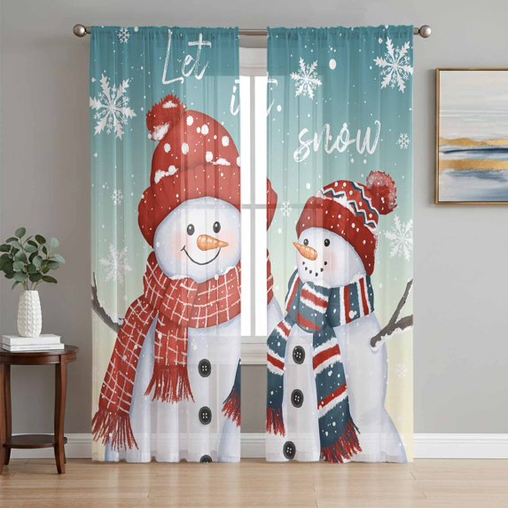 Teal Snowman Christmas Sheer Curtains 96 Inch Length 2 Panels Set, Snowflake Xmas Voile Window Treatment Semi Sheer Long Curtains Drapes for Bedroom/Living Room/Kitchen 52"x96"x2