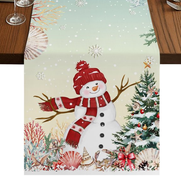 Teal Snowman Christmas Short Table Runner 36 Inches Long,Xmas Tree Coastal Snowflake Starfish Cotton Linen Table Runners Dresser Scarves,Fabric Tabletop Scarf Furniture Cover for Dinner Party 13"x36"