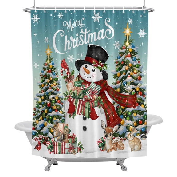 Teal Snowman Christmas Shower Curtain, Xmas Tree Snowflake Waterproof Fabric Bathroom Shower Curtains Set with Hooks, 72 X 72 Inch Long
