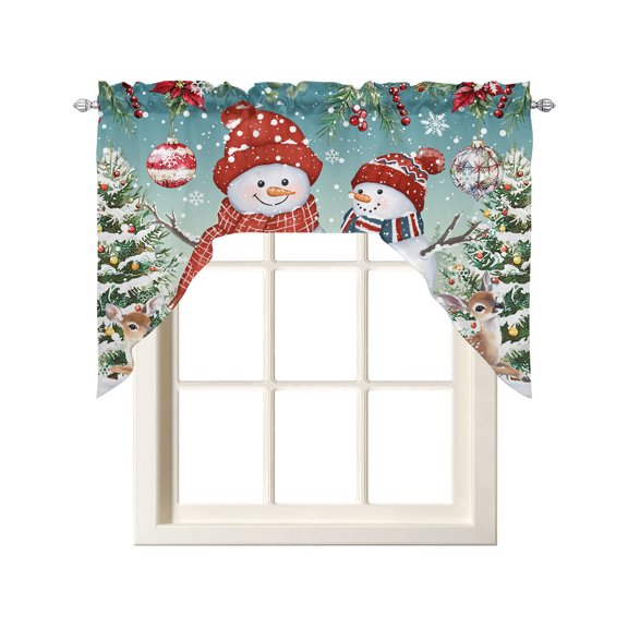 Teal Snowman Christmas Swag Curtains for Kitchen Balls Xmas Botanical Tree Valances for Windows Rod Pocket Small Window Treatment Short Topper for Cafe Bedroom Bathroom Living Room Decor 56x36 Inch