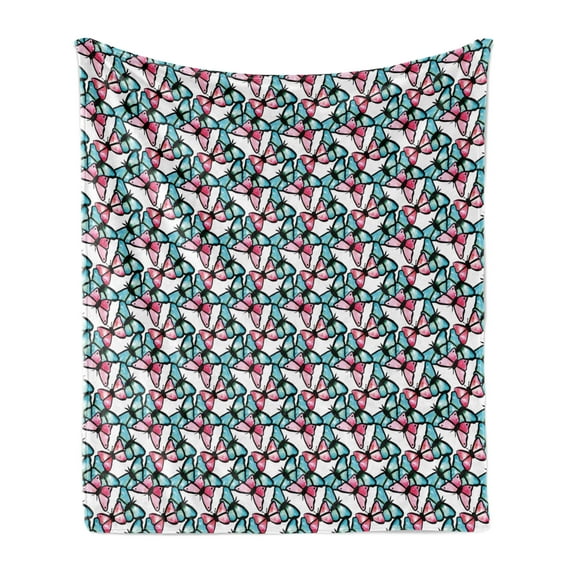 Teal Soft Flannel Fleece Blanket, Hand Drawn Watercolor Abstract Butterflies Pattern Blue and Pink Animal Pattern, Cozy Plush for Indoor and Outdoor Use, 50" x 60", Blue Pink Black, by Ambesonne