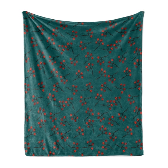 Teal Soft Flannel Fleece Blanket, Whimsical Modern Style Berry Christmas Pattern Hand Drawn Rustic Traditional, Cozy Plush for Indoor and Outdoor Use, 70" x 90", Teal Ruby Vermilion, by Ambesonne