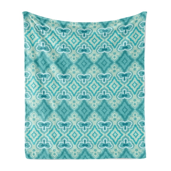Teal Soft Flannel Fleece Throw Blanket, Abstract Geometric Pattern in Vintage Floral Design Historic Architectural Ornament, Cozy Plush for Indoor and Outdoor Use, 50" x 60", Teal Beige, by Ambesonne