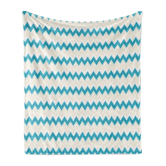 Teal Soft Flannel Fleece Throw Blanket, Horizontal Zigzag Lines Chevron Triangles Pattern Simple Classical Geometric Design, Cozy Plush for Indoor and Outdoor Use, 70" x 90", Cream Teal, by Ambesonne