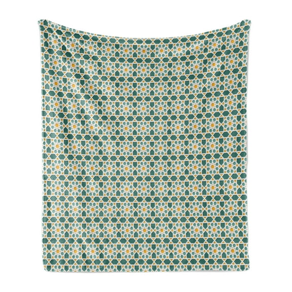 Teal Soft Flannel Fleece Throw Blanket, Moroccan Interlacing Star Pattern Ornamental Mosaic Design Traditional, Cozy Plush for Indoor and Outdoor Use, 50" x 60", Teal Marigold, by Ambesonne