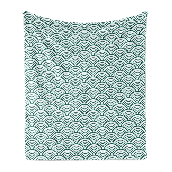 Teal Soft Flannel Fleece Throw Blanket, Traditional Japanese Chinese Seigaiha Pattern Abstract Scales Inspirations, Cozy Plush for Indoor and Outdoor Use, 70" x 90", Jade Green White, by Ambesonne