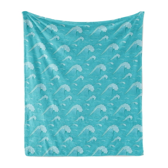 Teal Soft Flannel Fleece Throw Blanket, Waves Pattern in Ocean Summertime Oriental Japanese Style Cartoon Illustration Artwork, Cozy Plush for Indoor and Outdoor Use, 50" x 60", Green, by Ambesonne