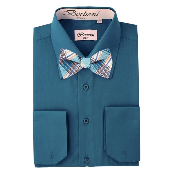 Teal Solid Mens Dress Shirt and Self Tie Bow Tie