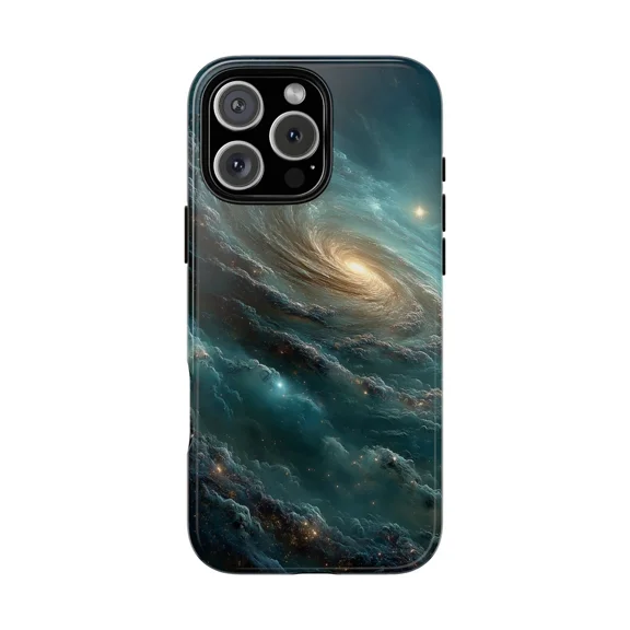 Teal Spiral Galaxy Cloud Scene Case for iPhone 17 through 11 Pro Max