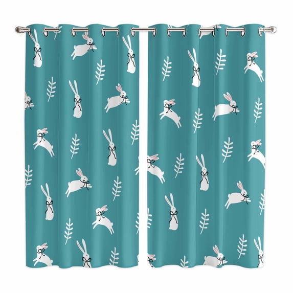 Teal Spring Easter Kitchen Curtains Window Panels, Cute Bunny Botanical Insulated Window Treatment Curtain, Grommet Curtains for Bedroom/Living Room/Bathroom, 2 Piece 42"Wx63"L