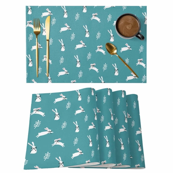 Teal Spring Easter Placemats Set of 8, Cute Bunny Botanical Placemats for Dining Table, Place Mats for Kitchen Tabletop, Waterproof Wipeable Dining Table Mats Set