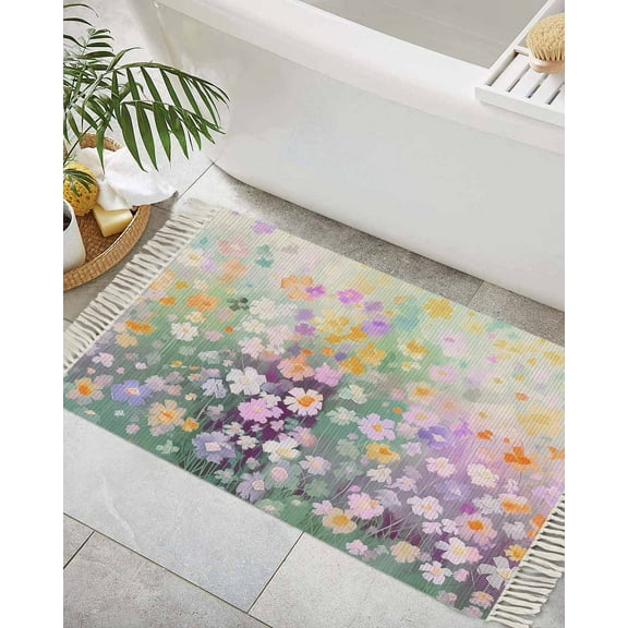 Teal Spring Floral Bath Rug 2x3ft Woven Bathroom Entryway Runner Rug,Modern Oil Painted Daisy Botanical Washable Living Room Hallway Bedroom Kitchen Carpet with Tassels,Indoor Outdoor Throw Doormat