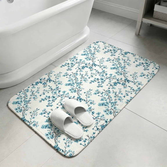 Teal Spring Floral Bathroom Rugs Non Slip Washable Bath Mat Absorbent Low Pile Front Door Mat Elegant Pastoral Flowers Indoor Doormat for Kitchen Entryway Shower Decor Accessories 15.7"x23.6"