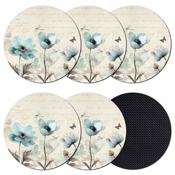 Teal Spring Floral Coasters Set of 6, Absorbent Coasters for Drinks, Vintage Botanical Retro Art Coaster for Desk Coffee Table Protection, Home Decor House Warming Gifts 4"