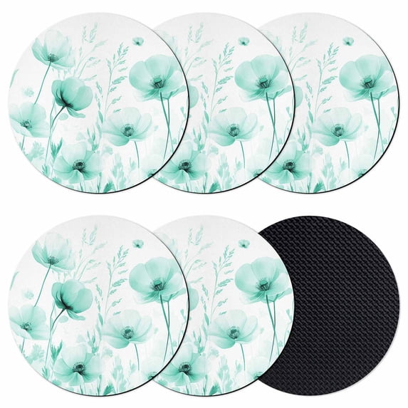 Teal Spring Floral Coasters Set of 6, Summer Botanical Watercolor Vintage Absorbent Coasters for Drinks, Coaster for Bar Office Dining Coffee Table Accessories Decor, Non Slip Round Desk Coaster